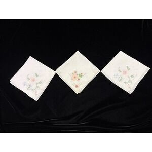 Three Vintage Floral Hand Stitched Handkerchiefs